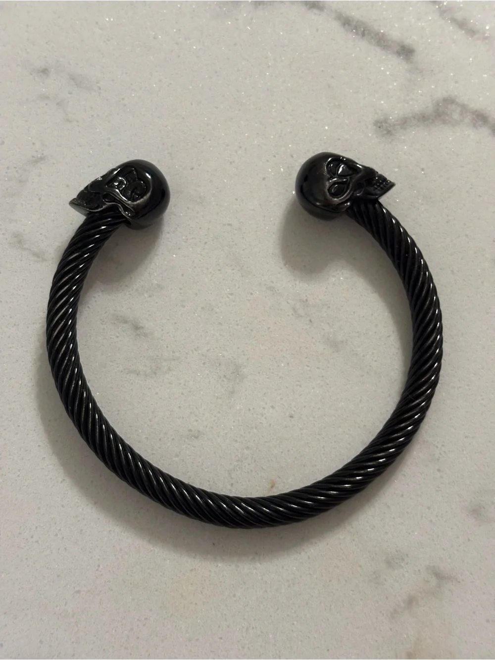 Men's Black Twisted Cable Cuff Bracelet with Skull End Caps
